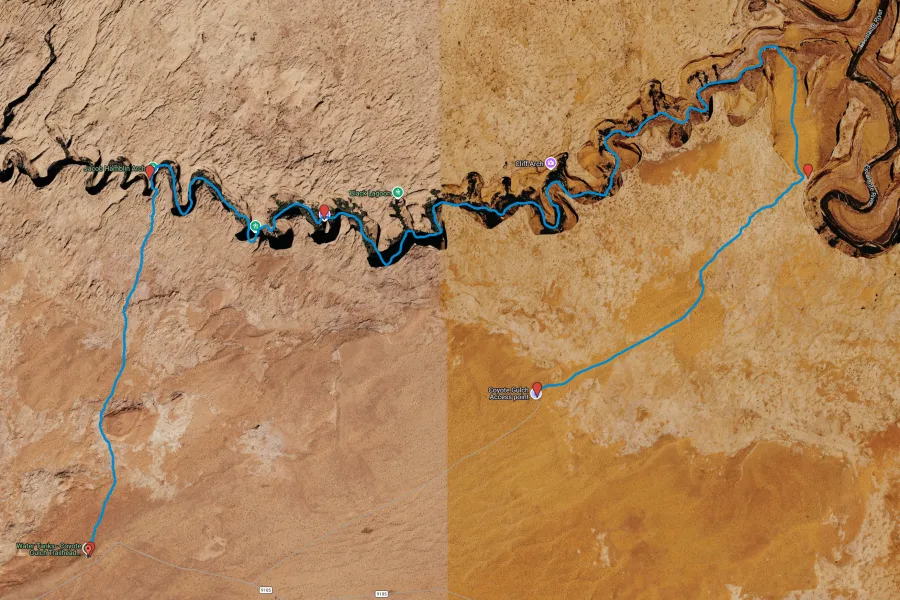 Coyote Gulch backpacking route map: Crack-in-the-Wall entry, Coyote Creek, Jacob Hamblin Arch, Water Tank exit